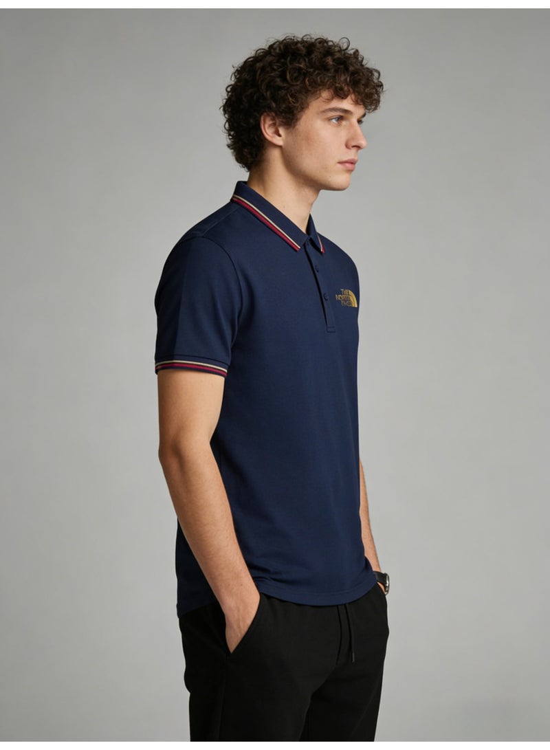 THE NORTH FACE 2026 The North Face Gold Logo blue Polo shirt, high-grade beaded cotton short sleeves, striped collar and cuffs, outdoor casual men's wear. - Image 2